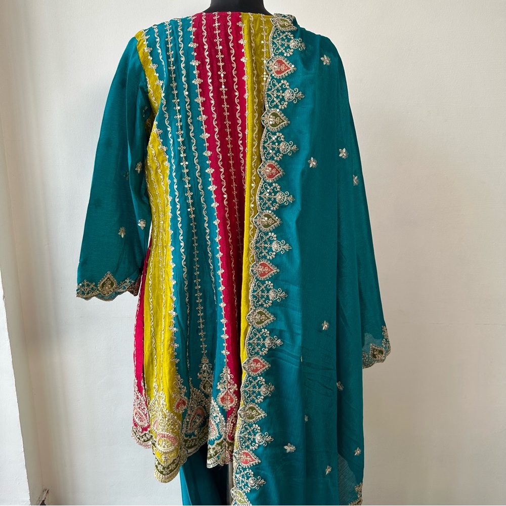 Teal Anarkali Palazzo Set w/ Dupatta | Embroidered Zari Ethnic - Picture 15 of 16